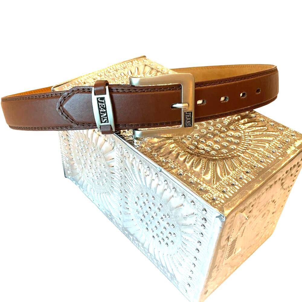 Genuine Leather "JEANS" Belt 38-40 Brown Metal Buckle Mens